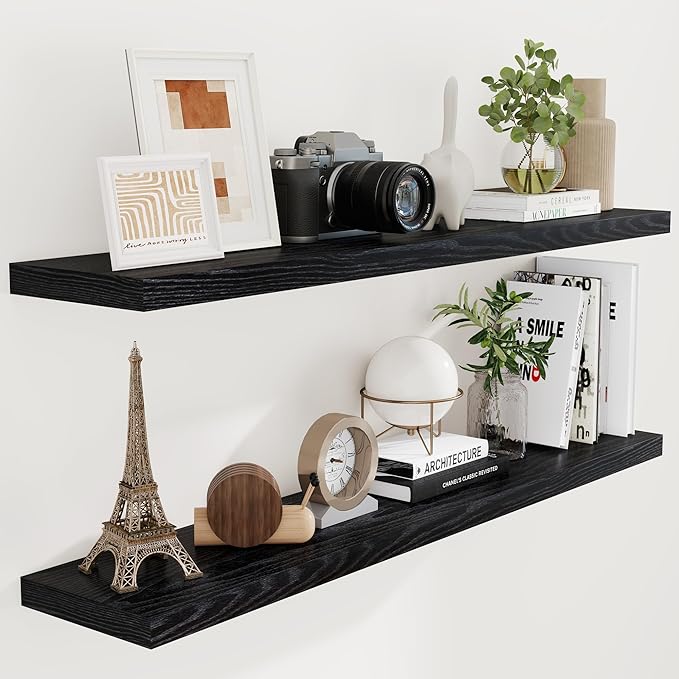 Fun Memories Floating Shelves 55 Inch Set of 2, Black 55 x 9 Wall Shelves for Home Decor Storage, Rustic Wood Floating Shelf for Wall, 9 Inch Deep Shelving for Bathroom, Living Room, Kitchen-Ruum Studio Home