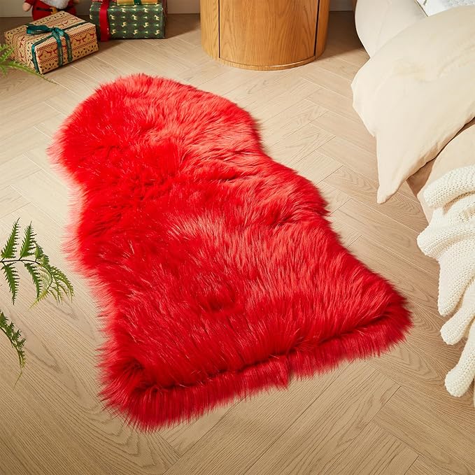 AMTOVO Faux Fur Rug, Red Area Rug, Fluffy Sheepskin Rug, Fuzzy Ultra Soft 2 x 4 ft Shag Rugs for Bedroom Sofa Throw Cushion Room Decor, Sheepskin-Ruum Studio Home