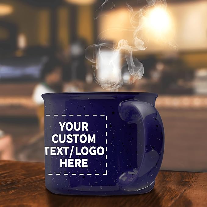 DISCOUNT PROMOS Custom Ceramic Campfire Coffee Mugs 13 oz. Set of 10, Personalized Bulk Pack - Perfect for Tea, Espresso, Cappuccino, Hot Cocoa - Blue-Ruum Studio Home