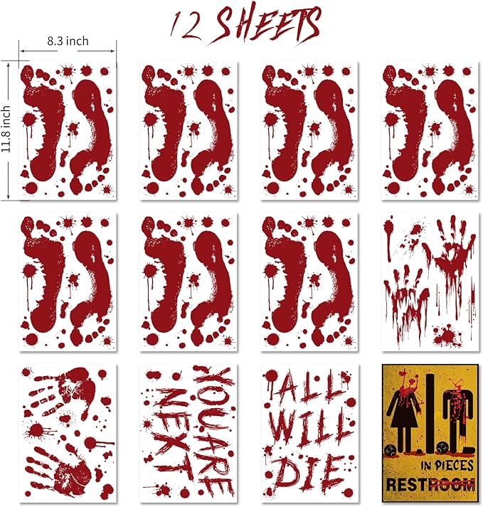 Halloween Clings- Bloody Handprint Footprint Floor Stickers, Scary Halloween Party Decor for Windows and Cars, Indoor/Outdoor Use - 12 Sheets-Ruum Studio Home