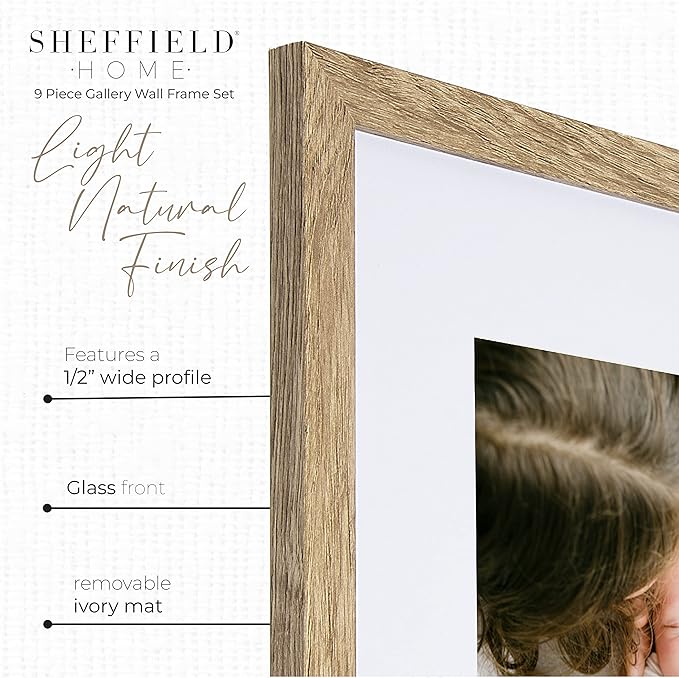 Sheffield Home 9 Piece Gallery Wall Frame Set, 12x12 in. Matted to 8x8 in. (Light Natural)-Ruum Studio Home