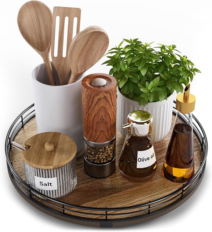 Acacia Wood 12" Lazy Susan Turntable Organizer for Table Top, Farmhouse Round Wooden Lazy Susan for Cabinet Kitchen Centerpieces Coffee Table, for Condiments Spices, Bathroom Vanity Tray Decor-Ruum Studio Home