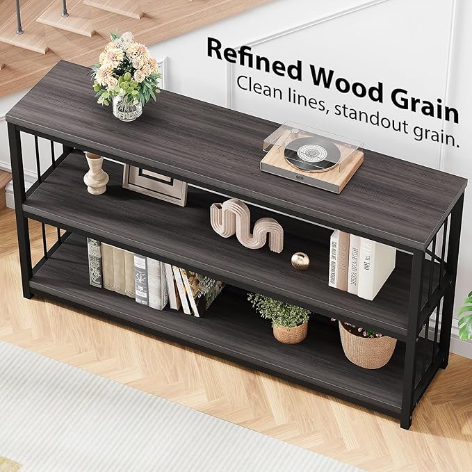 LVB 3-Tier Rustic Console Table, Extra Long Entryway Table with Storage, Industrial Skinny Wood Metal Sofa Table with Shelf, Modern Narrow Hallway Table for Foyer Living Room Bedroom, Dark Gray, 70 In-Ruum Studio Home