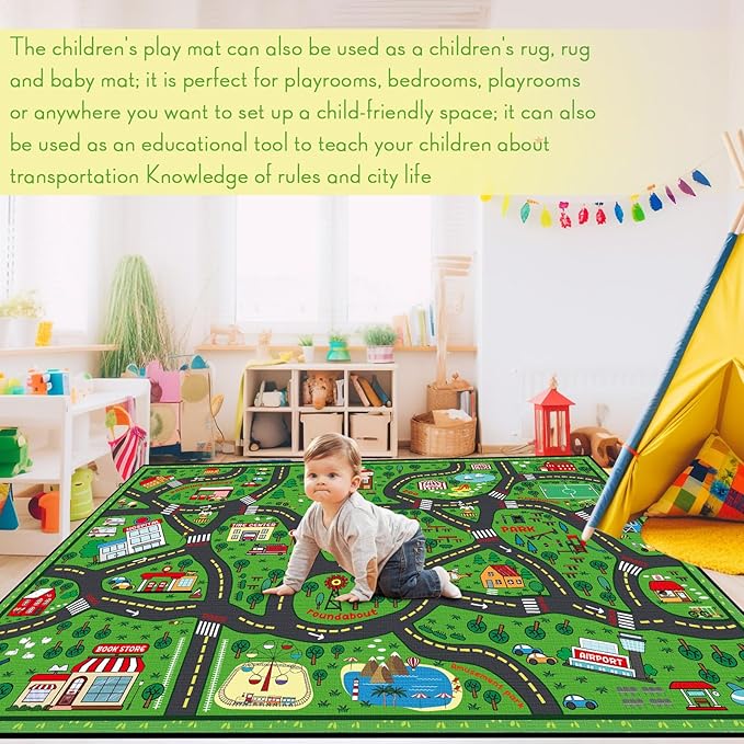 Kids Carpet Playmat Rug 4 x 6 ft Player Car Rug, City Life Traffic Road Map Mat Educational Game Area Mat for Toddler Children Playroom Classroom Bedroom(Green)-Ruum Studio Home