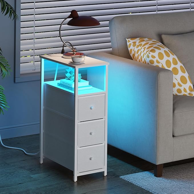TUTOTAK Narrow LED Night Stand with Charging Station, Slim End Table with Plugins, Tall Side Table with 3 Fabric Drawer, Small Bedside Table with Storage, Set of 2, for Living Room, White TB01BW073L