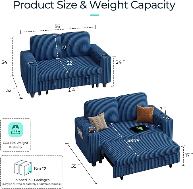 LINSY HOME Loveseat Sofa with Pull Out Couch Chaise: 2-in-1 Convertible 2 Seater Sofa with USB Charging & Cup Holders, Comfy Plush Corduroy Love Seat for Small Spaces Living Room Apartment, Blue-Ruum Studio Home
