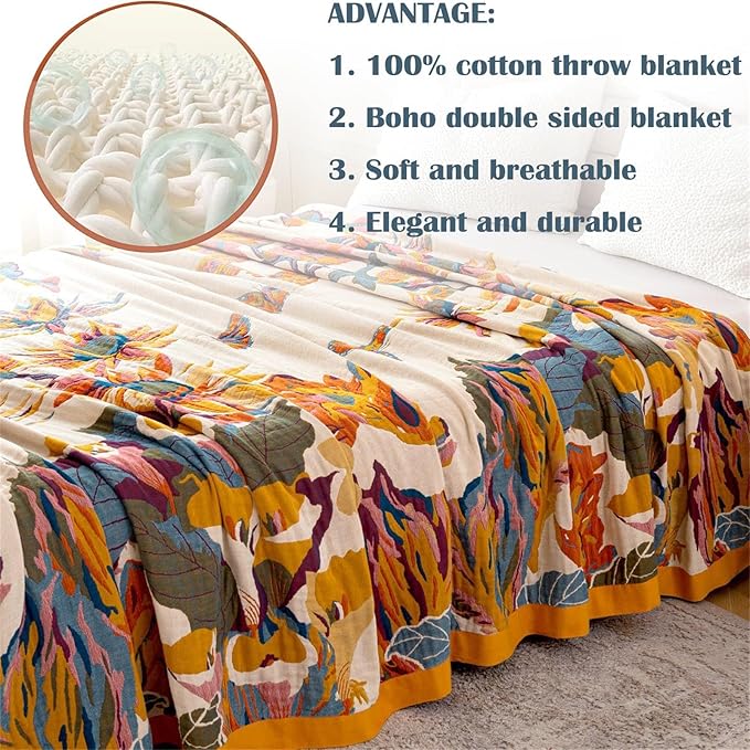 MSGKV Boho Throw Blanket 60''x80'',100% Cotton Blankets for Couch Bed,Cotton Quilt Travel Muslin Blankets Farmhouse Home Decor Soft Lightweight Picnic Blanket-Ruum Studio Home