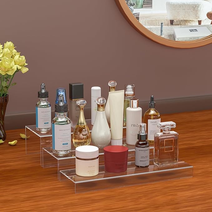 Rectangular Acrylic Display Risers Stands 3pcs, Dessert Table Display Rack, Clear Display Shelf for Funko Pop, Collectibles, Retails, Shoes, Glasses, Plants, Home Decors, Perfume - 12-1'', 2'', 3''-Ruum Studio Home
