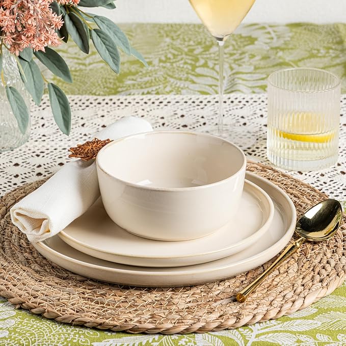 GBHOME Ceramic Dinnerware Sets for 4, 12 Pieces Stoneware Plates and Bowls Sets, Scratch Resistant Dishes, Dishwasher & Microwave Safe, Reactive Glaze-Vanilla color-Ruum Studio Home