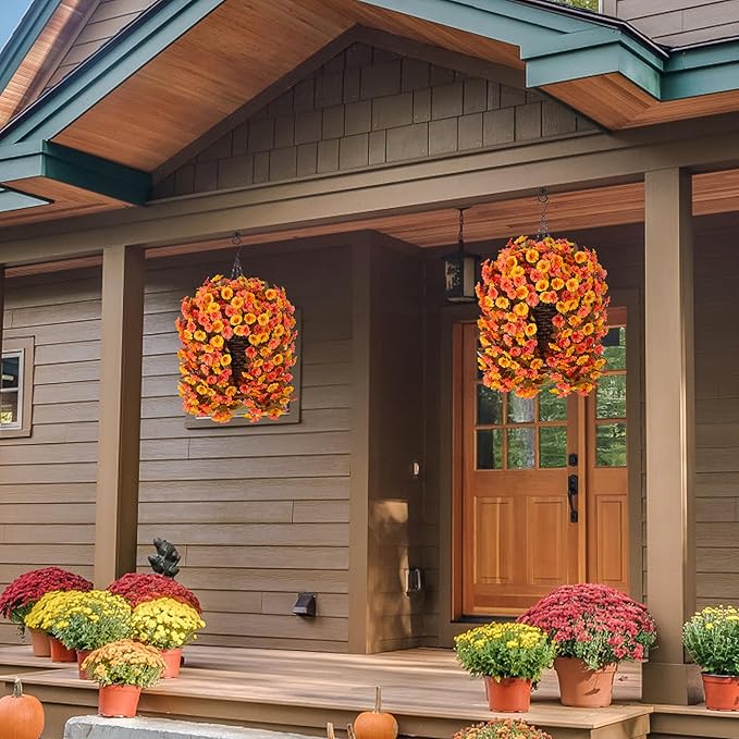 Artificial Fall Fake Hanging Flowers Plants Basket for Outdoor Autumn Decoration, Faux Silk Morning Glory Long Stems Vines Realistic UV Resistant for Outside Home Porch Garden (Fall Orange+Yellow)-Ruum Studio Home