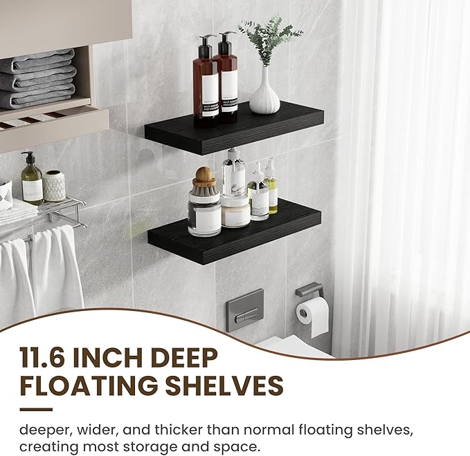 12 Inch Deep Floating Shelves, 24 Inch Long Floating Shelves for Wall, Floating Shelf with Invisible Brackets, Deep Shelves for Bathroom, Bedroom, Living Room, 2 Pack, Black-Ruum Studio Home
