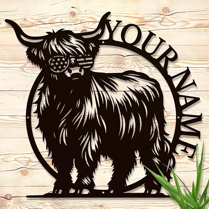 Personalized Highland Cow Name metal Signs,Custom Highland Cow Metal Shed Wall Decor,Black Metal Wall Art Plaques Outdoor wall Decorative Signage (Style G)-Ruum Studio Home