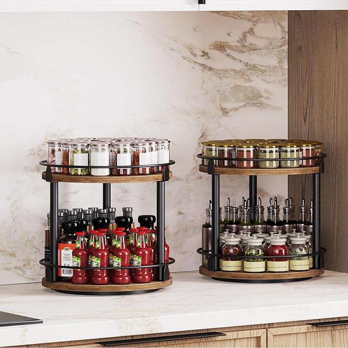 Spice Rack, Set of 2 Lazy Susan Organizer, 2-Tier Turntable Organizer, Rotating Spice Rack Organizer For Cabinet, Compact and Versatile, for Kitchen Countertop, Rustic Brown SR22L2BR-Ruum Studio Home