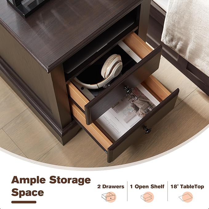 T4TREAM Nightstand with Charging Station, 18 Inch Vintage End Table with 2 Drawers for Living Room, Wood Rustic Sofa Side Table with Open Storage Shelf for Bedroom, Espresso-Ruum Studio Home