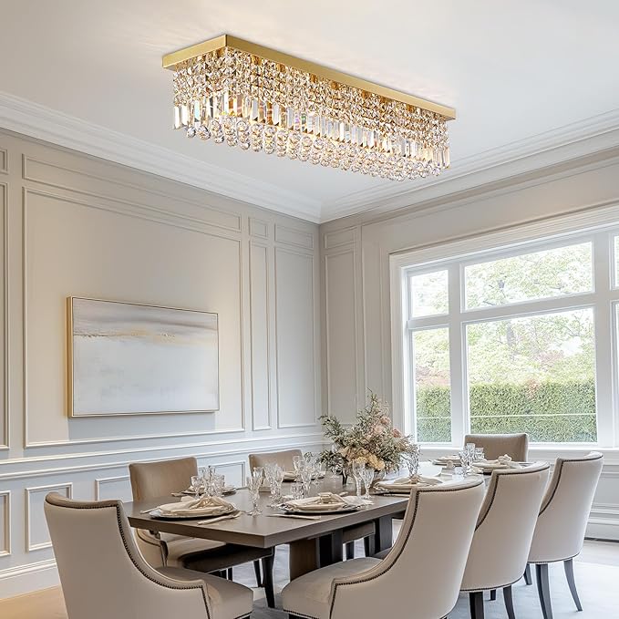 Rectangle Chandelier 8-Light Crystal Chandeliers, Modern Dining Room Light Fixture Luxury Gold Rectangular Flush Mount Chandelier Ceiling Light for Dining Room Living Room Kitchen Island Bar L40 Inch-Ruum Studio Home