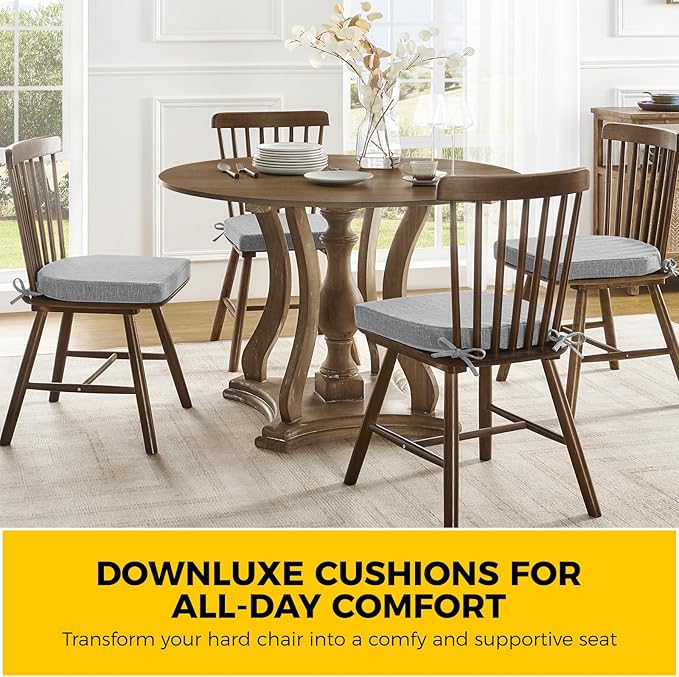 downluxe Indoor Chair Cushions for Dining Chairs, Soft and Comfortable Textured Foam Kitchen Chair Pads with Ties and Non-Slip Backing, 16" x 16" x 2", Light Grey, 6 Pack-Ruum Studio Home