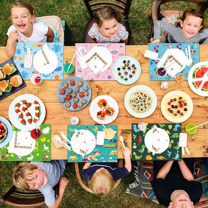 Unicorn Mermaid Kids Placemats Set of 6 Transport Dinosaur Plastic Table Mats Toddler Children Farm Ocean Animal Place Mats Washable Table Decoration for Indoor Outdoor Party Kitchen Dining-Ruum Studio Home