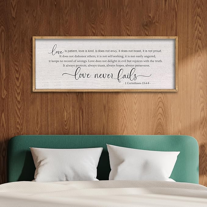 LuZhiQiang Love is Patient Love is Kind Wall Decor 40"X15" Bible Verse Quote 1 Corinthians 13 For Bedroom Above Bed Christianity Couple Sign Large Wood Framed Wall Hanging Art (Wood)-Ruum Studio Home