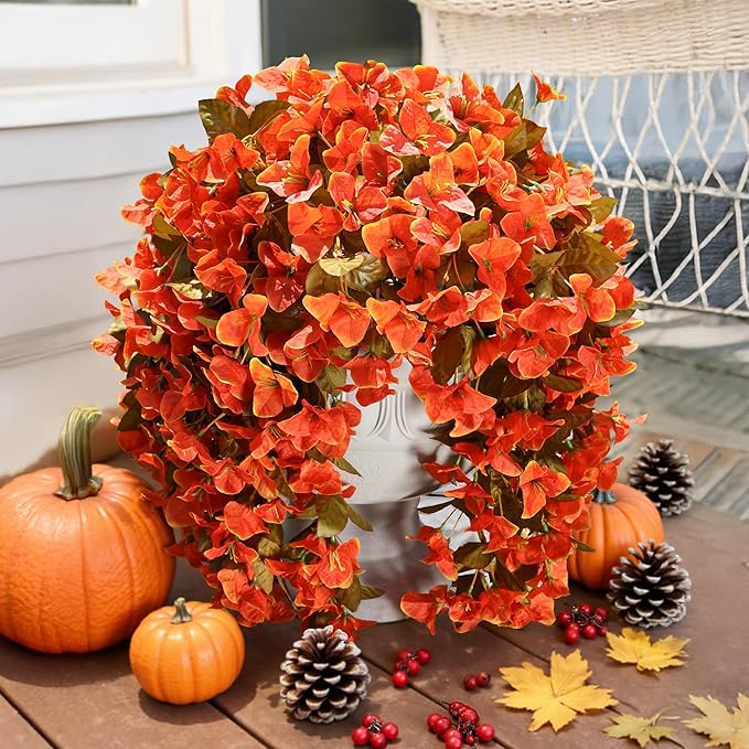 Bougainvillea Artificial Flowers Plants for Outdoors Outside Fall Autumn Decor, 2 pcs Faux Silk Long Trailing Vines UV Resistant Look Real Orange Fake Flowers for Front Door Porch Planter Urn Patio-Ruum Studio Home