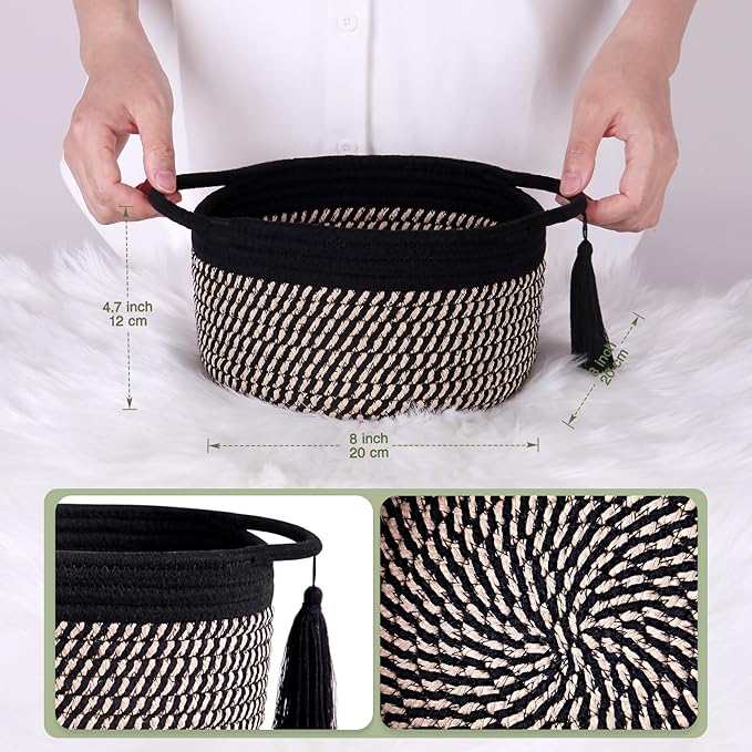 Empty Gift Basket - SweetMemo Mini Woven Rope Organizer Baskets for Baby Shower, Vanity, Makeup Brushes, Bathroom, Shelves, Desk - Small Decorative Storage Bins - Set of 2, Pre-Shaped, Black Brown-Ruum Studio Home
