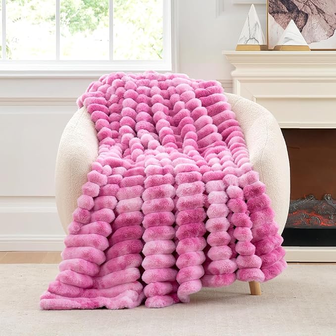 Cozy Bliss Faux Fur Throw Blanket for Couch, Cozy Warm Plush Striped Blanket for Sofa Bedroom Living Room,50 * 60 Inches Tie-dye Pink-Ruum Studio Home