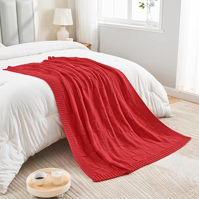 CozeCube Knit Throw Blanket,Christmas Red Checkered Bedroom Blanket for Couch,Soft Cozy Warm Knitted Blanket for Bed Sofa Living Room,Decorative Spring Fall Throw Blanket 50"X60",Christmas Red-Ruum Studio Home
