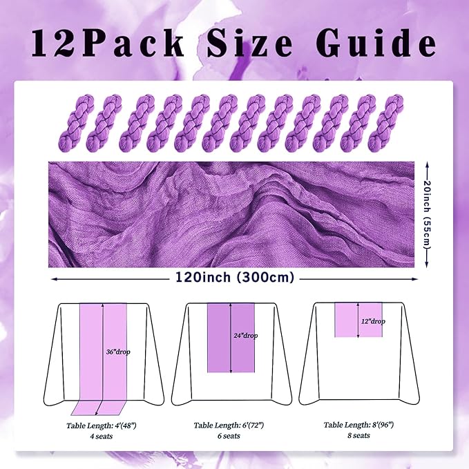 12 Pack Purple Cheesecloth Table Runner 10FT Boho Fabric Rustic Cheese Cloth Table Runner for Wedding Bridal Shower Baby Shower Gauze Sheer Birthday Party Table Decorations 20 x 120 Inch Long-Ruum Studio Home