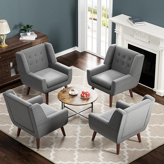 HUIMO Accent Chairs Set of 4, Upholstered Button Tufted Armchair, Linen Fabric Sofa Chairs for Bedroom, Living Room, Mid Century Modern Comfy Reading Chair (4, Light Grey)-Ruum Studio Home
