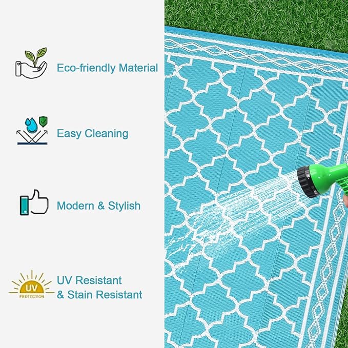 GAOMON Reversible Outdoor Rug 9'x18' Waterproof Plastic Straw Rug, Patio Rug, Large Modern Area Rug Carpet, Indoor Outdoor Rugs for Camping, Porch, Deck, Balcony, Backyard, Teal/White(Geometric)-Ruum Studio Home