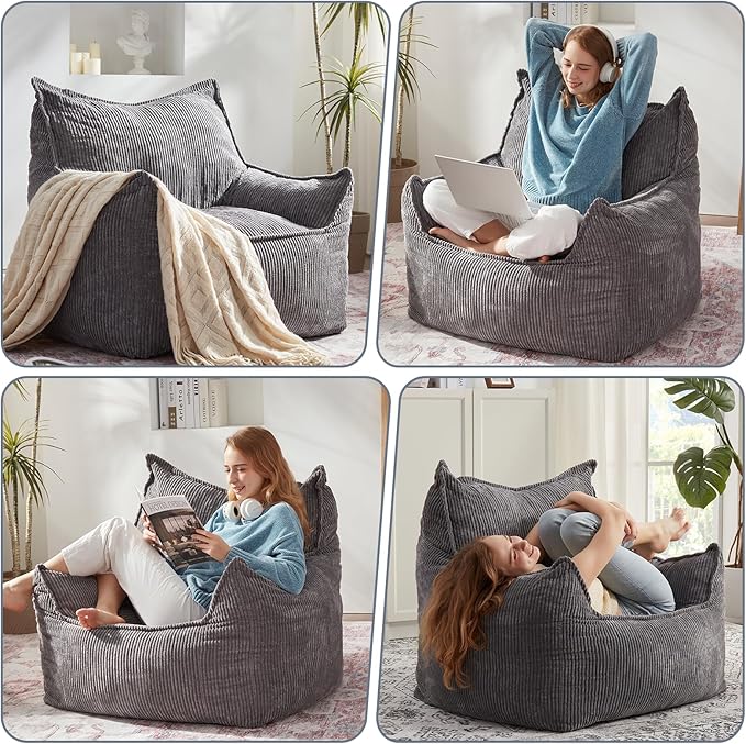 Giant Bean Bag Chair Sofa for Adults Teens, Comfy Corduroy Large Bean Bag Chairs with Armrests for Bedroom Living Room, Adult BeanBag Lazy Sofa Couch Chairs with Filler Included-Ruum Studio Home