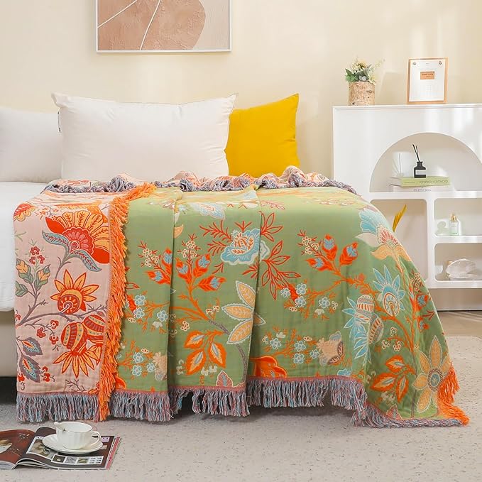 Boho Fall Throw Blanket for Bed，100% Ultra Cotton Soft Breathable Bed Throw Floral Printed Farmhouse Decor Rustic Bed Throws for Couch Sofa Quilt 60" x 80"-Orange& Sage Green-Ruum Studio Home