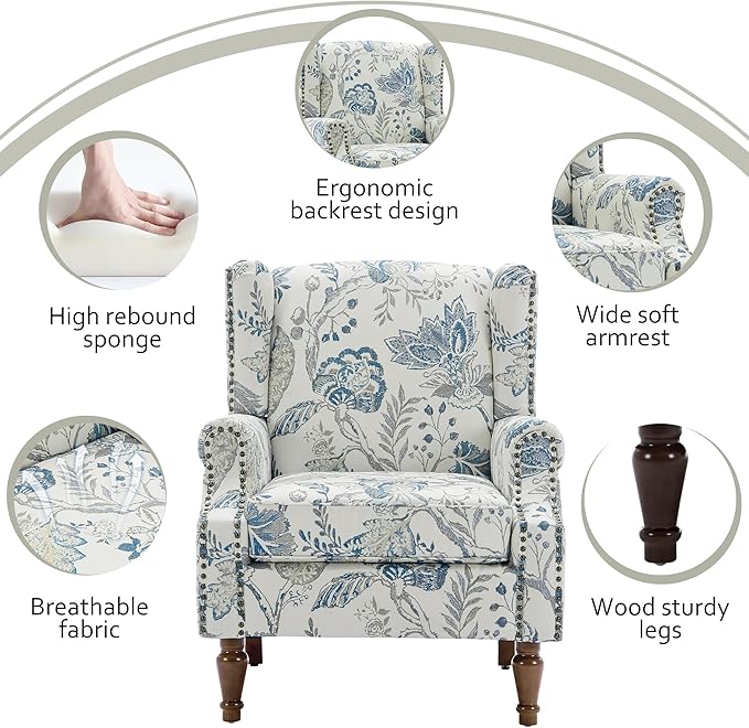 Lumibee High Back Accent Chair Set of 2, Armchair in Fabric,Comfy Upholstered Wingback Single Sofa Reading Chairs with Solid Wood Legs for Living Room,Bedroom,Office-Plants Blue-Ruum Studio Home