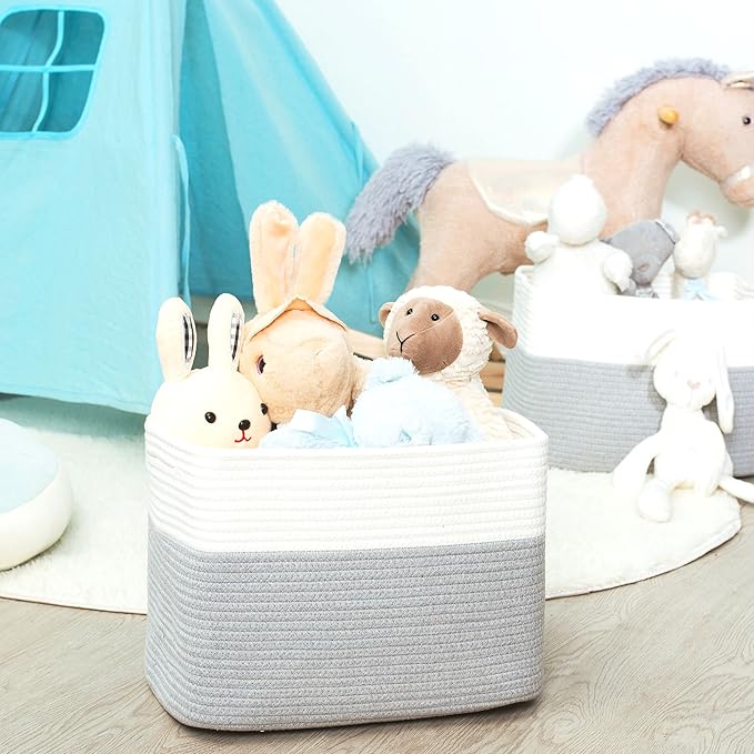 MINTWOOD Design 3-Pack Storage Baskets for Shelves, Playroom and Classroom, Book Basket, Decorative Storage Cube Bins, Woven Closet Organizers, Pantry and Shoe Organizer, Grey-Ruum Studio Home