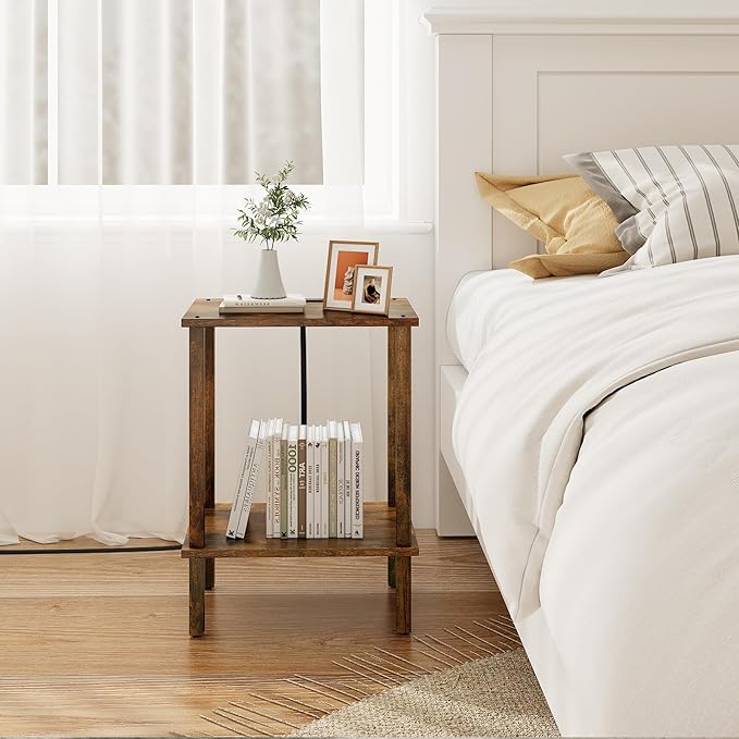 TUTOTAK End Table with Charging Station, Small Side Table with Outlets, Nightstand Bedside Table, 2-Tier Storage Shelf for Small Space, Living Room, Bedroom, Brown TB01BB040C-Ruum Studio Home