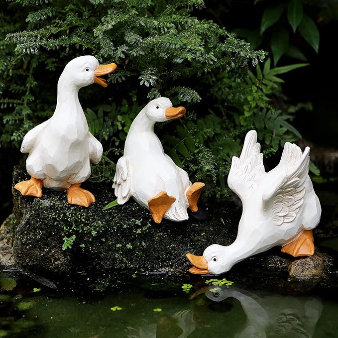 Duck Yard Decorations Outdoor Ornaments Set of 3, Resin Goose Sculpture Statue Front Porch Garden Decor for Outside Imitation Wood Carving, Funny Animal Decorations Fairy Craft Yart Art Decor-Ruum Studio Home