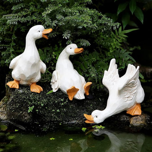 Duck Yard Decorations Outdoor Ornaments Set of 3, Resin Goose Sculpture Statue Front Porch Garden Decor for Outside Imitation Wood Carving, Funny Animal Decorations Fairy Craft Yart Art Decor-Ruum Studio Home