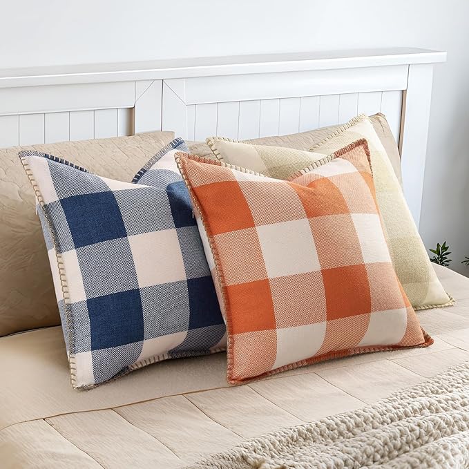 decorUhome Buffalo Plaid Check Fall Throw Pillow Covers 12x20 Set of 2, Outdoor Lumbar Decorative Farmhouse Pillow Covers with Stitched Edge for Bed Couch Sofa, Cream White and Beige-Ruum Studio Home