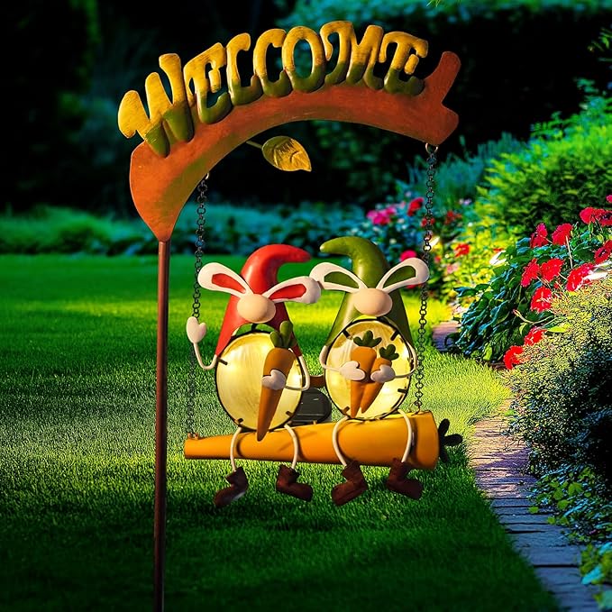 HONGLAND Solar Lights Outdoor Decor, Gnomes Swing Garden Decor, Funny Gardening Gifts for Women Mom, Gnome Outdoor Decorations with Welcome Sign for Front Porch Patio-Ruum Studio Home