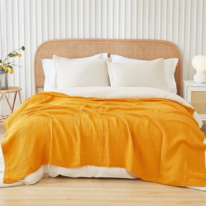 EMME Cotton Throw Blanket for Couch Soft Muslin Blankets 50"x60" Lightweight Breathable Blanket All Season Gauze Blanket, Mustard Yellow-Ruum Studio Home