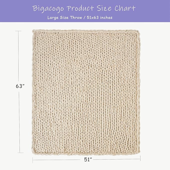 Bigacogo Chunky Knit Throw Blanket for Couch, 51x63 inches, 100% Hand Knitted with Thick Jumbo Chenille Yarn, Cozy Soft Large Rope Knot Cable Crochet Blankets for Sofa Bed Living Room, Beige-Ruum Studio Home