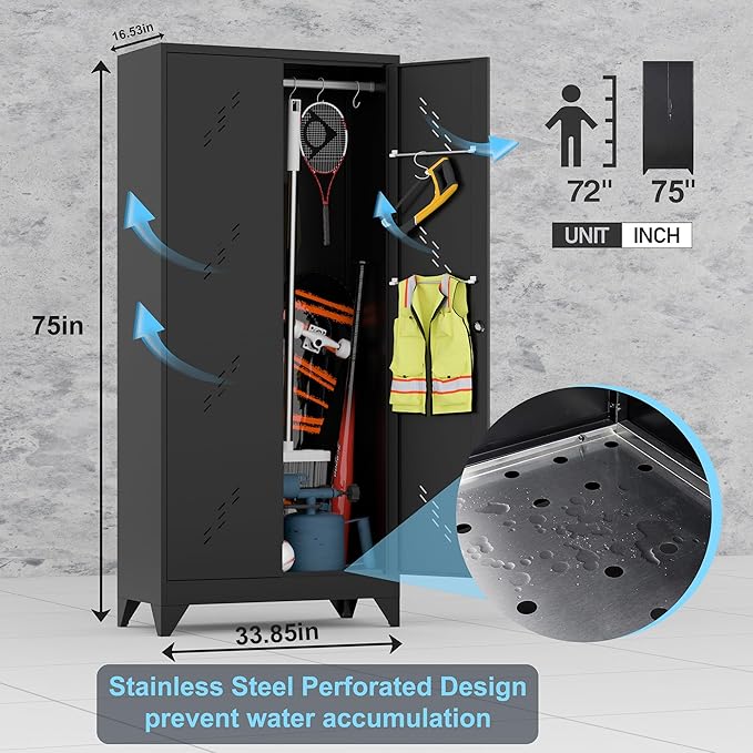 Metal Storage Cabinet with Lock Door, 75" Tall Garage Storage Cabinet with Hanging Rod, Broom Closet Bathroom Storage Cabinet, Cleaning Tool Cabinet-Ruum Studio Home