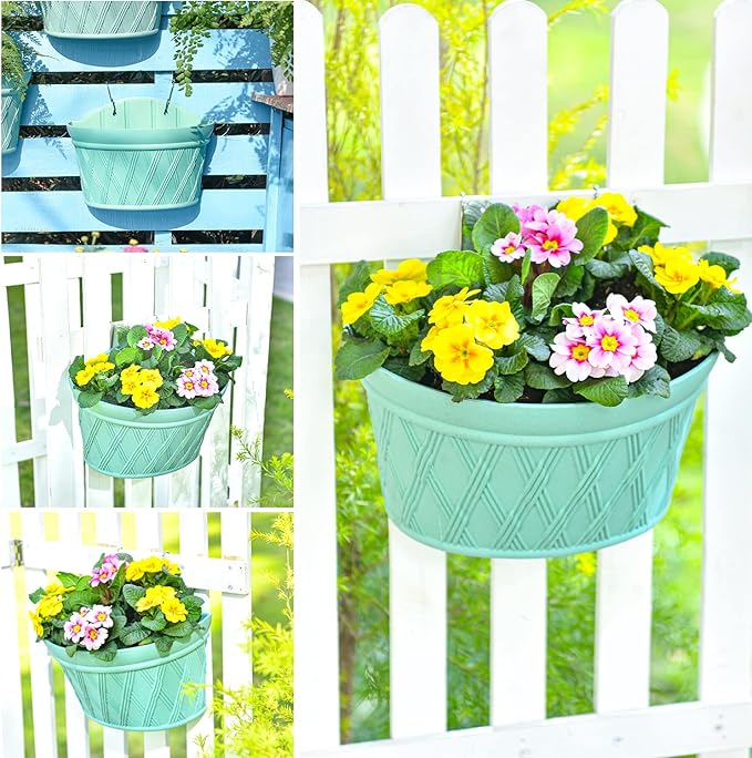 Sungmor Wall Hanging Planters,11.5 Inch Hanging Flower Pots for Railing Fence - Indoor Outdoor Balcony Wall Planter Hanging Basket, Plastic Pot Plant Container - Half Round & 3PC Pack & Green-Ruum Studio Home