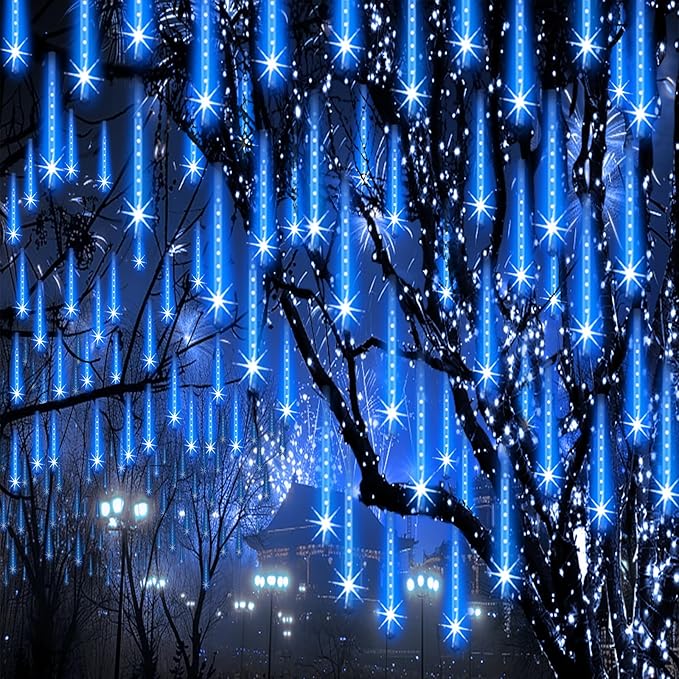 Christmas Lights Outdoor Meteor Shower Lights 24-Tube 576LEDs Snow Falling Rain Cascading Icicle Light for Xmas Tree Christmas Decorations Wedding Party Holiday Garden Decor, UL Plug Blue-Ruum Studio Home