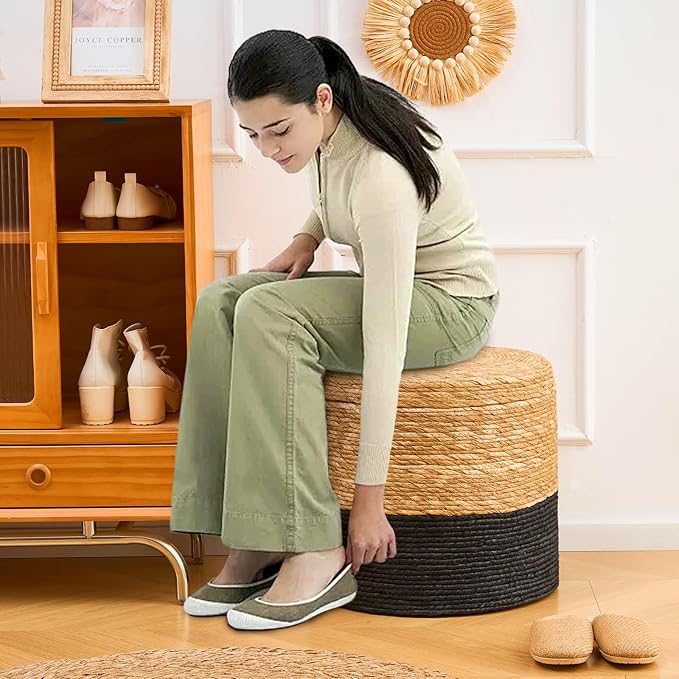 Wimarsbon 18'' Ottoman Pouf, Natural Braided Poof, Rustic Handweave Lounge Pouffe, Boho Footrest Stool for Bedroom, Accent Table for Living Room (Storage - 18inch Cattail+Black Corn Husk L)-Ruum Studio Home