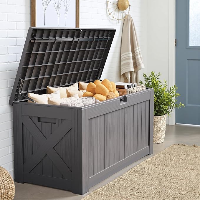 JUMMICO 120 Gallon Resin Deck Box, Large Outdoor Storage Box Waterproof & Lockable for Garden, Patio, Pools (Gray)-Ruum Studio Home