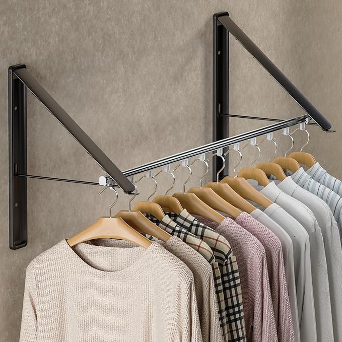 Dr.DJ Clothes Drying Rack with Rod, Wall-Mounted Retractable & Foldable Clothes Hanger for Laundry Room Organization and Storage, Metal Clothes Hanger Rack for Dorm, Closet, Balcony 2Rack, 1Rod Black-Ruum Studio Home