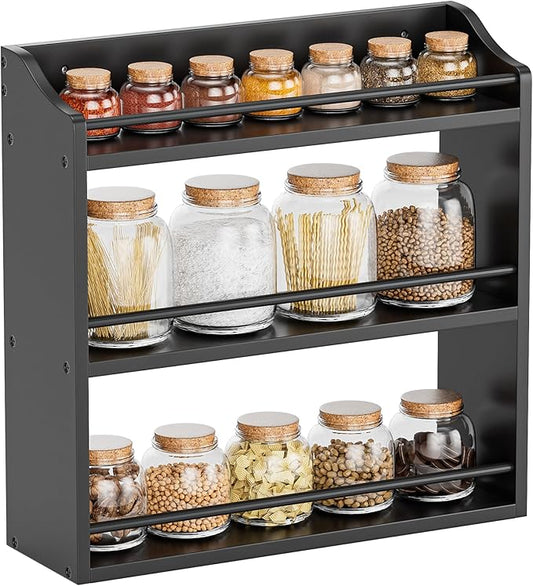 Bamboo Spice Rack Wall Mount or Tabletop Holder, 3-Tier Shelf for Seasoning Bottles Organizer, Medicine Holder (Black)-Ruum Studio Home