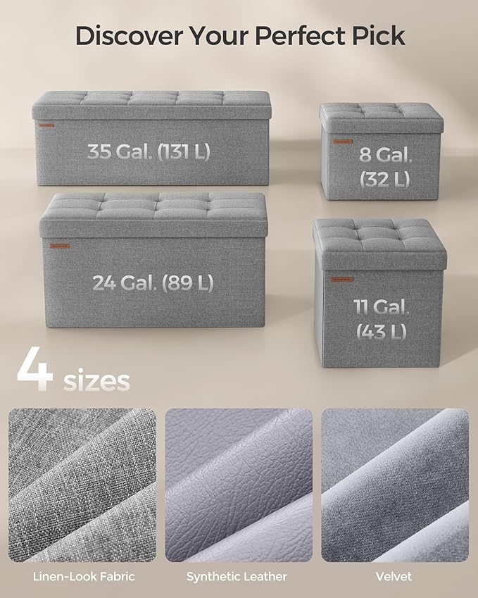 SONGMICS MAZIE Collection - 43 Inches Folding Storage Ottoman Bench, Ottoman Foot Rest, End of Bed Bench, Storage Chest, Load 660 lb, for Living Room, Bedroom, Entryway, Light Gray ULSF77G-Ruum Studio Home