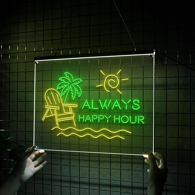 LIGHT UP LUXE Always Happy Hour Neon Sign, Bar Sign for Home Bar, Palm Tree & Sun Wall Decor, Summer Vibes Neon Light for Patio and Poolside-Ruum Studio Home
