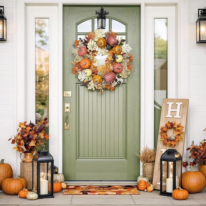 24 inch Fall Wreaths for Front Door Outside Autumn Wreath Fall Decorations for Home Decor Pumpkin Wreath for Farmhouse Holiday Thanksgiving Harvest Halloween Outdoor Indoors Fall Front Porch-Ruum Studio Home
